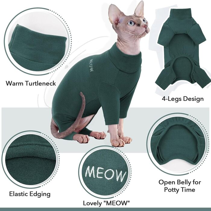 Одяг для котів Sphynx, післяопераційний комбінезон, костюм для котів, піжама для сфінксів, темно-зелений, XL