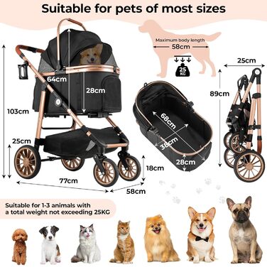 Візок для собак Mamizо 4-в-1, до 25 кг, з амортизаторами, складний, чорний