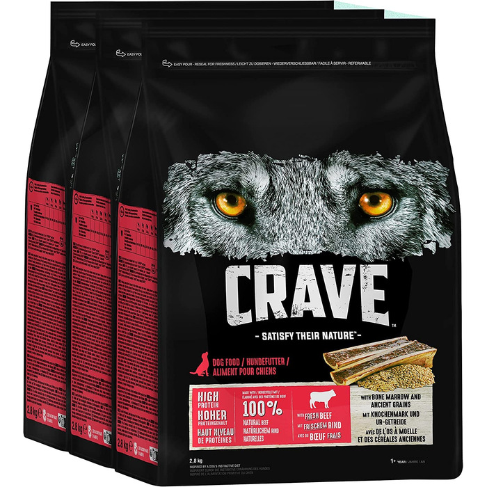 Беззерновий сухий корм для дорослих собак CRAVE з яловичиною, преміум-клас, з високим вмістом протеїну, 11,5 кг (набір з 3 пакувань по 2,8 кг та додатково)