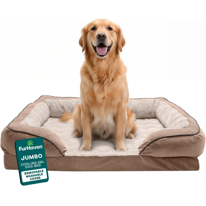 Крісло-ліжко для собак великих порід Furhaven з піною з пам'яті, знімний, пральний чохол, до 81,6 кг, ультра м'яке штучне хутро та люкс велюр, контурний матрац, XXXL (піна з охолоджуючого гелю), 102 x 81 x 24 см, хвилястий велюр, колір: коричневий камінь.