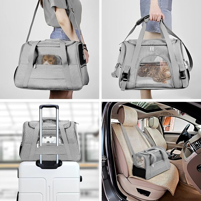 Транспортна сумка для тварин, сіра, 44x25x28 см, з плюшевою подушкою, переноска для кота/собаки, портативна, на блискавці