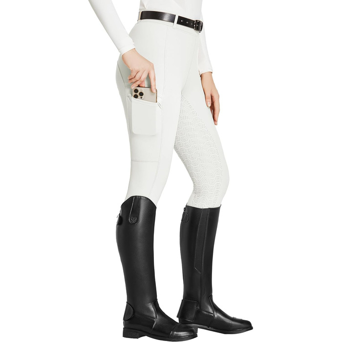 Легінси для верхової їзди FitsT4 для жінок та дівчаток, білі, з повним силіконовим покриттям, кишенею для телефону та петлями для ременя. Ідеально для верхової їзди та тренувань коней. Розмір M