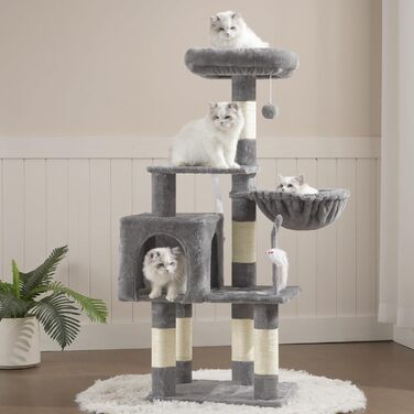 Комплекс для котів Heybly Kratzbaum HCT004SW: Дряпка-кігтеточка з іграшками, будиночок, лежанка, сізаль, світло-сірий (43.3 дюйми)