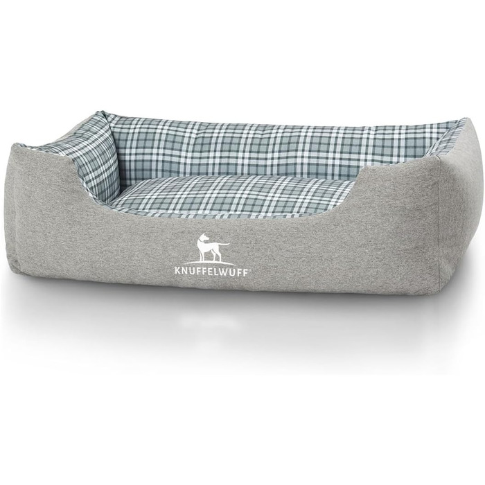 Ліжко для собак Knuffelwuff Lennard з велюру в клітинку, сіро-зелене, M-L, 85 x 63 см. Знімний, пральний чохол. Підходить для собак великих, середніх та маленьких порід.