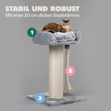 Дряпка для великих котів RHRQuality Chartreux, 80 см, з товстим сизалевим стовпом 20 см, люксова лежанка 60 см, світло-сіра