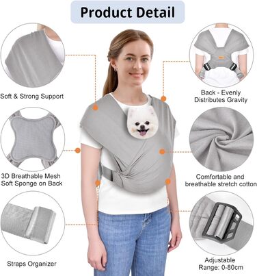 CUBY Сумка-переноска для собак, літня модель, рюкзак-переноска, підтримка спини, для собак, виготовлена з дихаючого матеріалу, 10 кг, світло-сіра