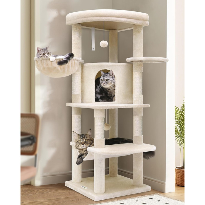 Котячий будиночок Globlazer з подряпуванням, великий, бежевий, 130 см. Стабільний кутовий котячий комплекс з будиночком, платформою, гамаком та м'яким кошиком для кількох котів.