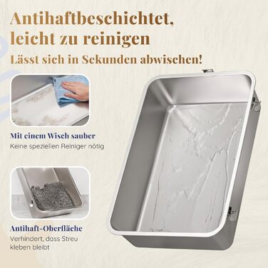 Котячий лоток з нержавіючої сталі XXL – Легко чистити, стійкий до запахів – з високим бортиком, об'єм 38л, антивитік, антипригарне покриття, з лопаткою та килимком