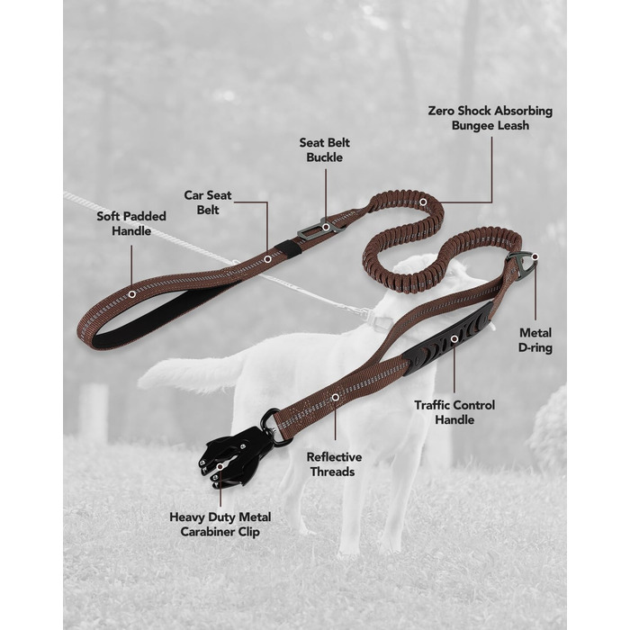 Тактична повідок для собак Joytale, еластична повідок з 2 м'якими ручками, страхувальний ремінь для автомобіля, повідок без ривка для собак середніх, великих та екстра-великих порід (1.2м-1.8м, коричнева)