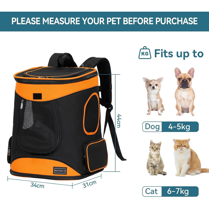 Рюкзак для котів і собак Petsfit до 5 кг, дихаючий, з вікном, чорний/помаранчевий