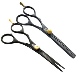 Ножиці для перукарів та ножиці для филировки, для лівшів, 14 см, з подарунковою сумкою, чорні