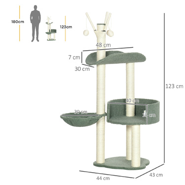 PawHut Cat Tree 123H см Лазильне дерево з кошиком і м'ячем, сизалева колона, ДСП, зелений + кремовий білий| Аосом