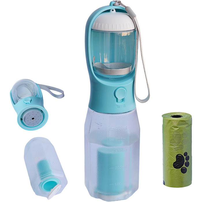 Водяна пляшка для собак PANJAL 600 мл, 4-в-1, витокозахисна, без BPA, з дозатором пакетів та відділенням для ласощів, з фільтром – для прогулянок, походів, подорожей, блакитна