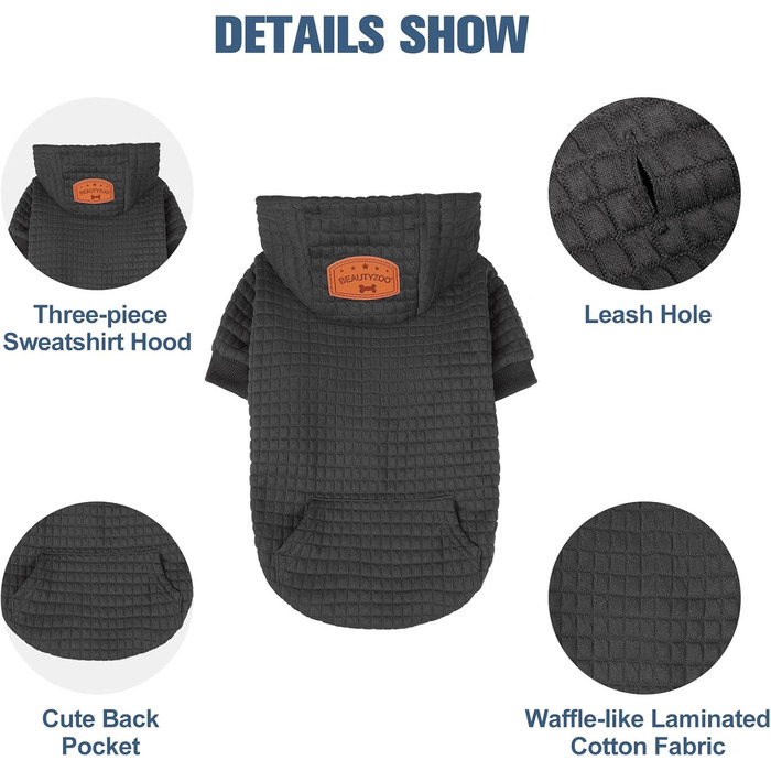 Світшот для собак BEAUTYZOO у вафельному стилі - теплий одяг для осені та зими (S, M, L) - кофта з капюшоном та кишенею для Бульдога, Пітбуля та інших порід, чорний (обхват грудей: 48 см)
