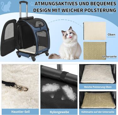 OUUTMEE Сумка-переноска для тварин, знімний чохол на колесах, ідеальна для котів та маленьких собак, багатофункціональний рюкзак, сумка-рюкзак 4-в-1, дихаюча (блакитна)