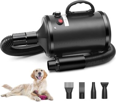Фен для собак, 2800W, регулювання швидкості та температури, тихий, 4 насадки, для професійного та домашнього використання (Чорний)