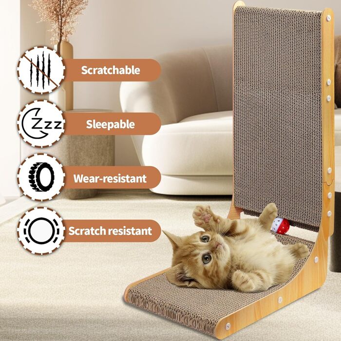 Котяча дряпка L-подібної форми, 68 см, з дзвіночком, рибкою та мишкою, з якісного картону, для стін, задовольняє природну потребу в дряпанні, XXL