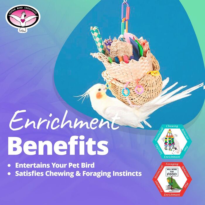 Super Bird Creations SB669 Плетений кошик для папуг середнього розміру, іграшка для кільчастих, конур, квакерів, кайків, піонусів, сенегалів, різнокольорова з хрусткими текстурами, 25,4 x 10,2 x 12,7 см