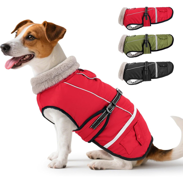 Водонепроникний зимовий одяг для собак середнього розміру, теплий флісовий одяг для собак з регульованими ременями, з світловідбиваючими смугами, для бордер коллі, червоний, L