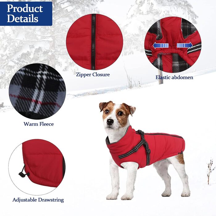Зимові куртки для собак: водонепроникні, світловідбиваючі, з повним обхватом грудей. Підходять для малих та середніх собак. Червоний колір, розмір M.