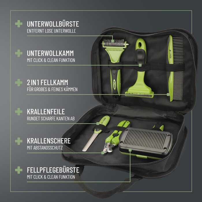 Набір для догляду за шерстю ReaVET для собак та котів (6 предметів): щітка, знімач ковтунів, щітка для підшерстка, гребінець від бліх, ножиці для обрізання кігтів, сумка для аксесуарів