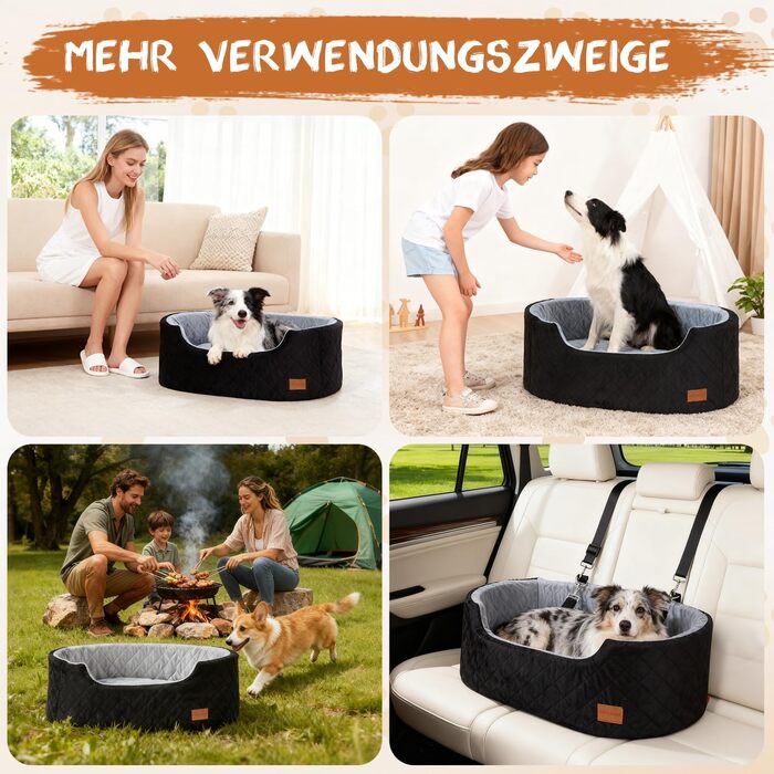 Автокрісло для собак середніх порід до 22,7 кг, 80x50x28 см, чорне. З безпечним ременем, товстим килимком, антиковзким дном, миється, переносна авто-підстилка для собак