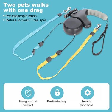 Подвійна собача шлейка, висувна шлейка з LED-підсвічуванням для двох собак, з фіксатором, регульована шлейка для домашніх тварин з двома головами, 9,8 футів, поворот на 360° без перекручування (Чорний)