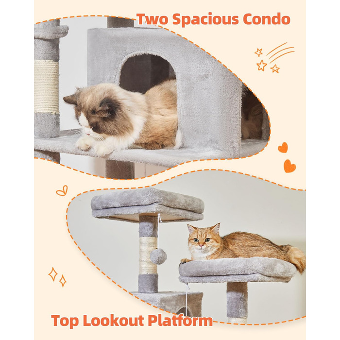 Дерево для котів Taoqimiao 170 см, велике, з будиночками, гамаком, корзиною, 8 стовпчиками для шліфування, 2 платформами, сірий MS013W
