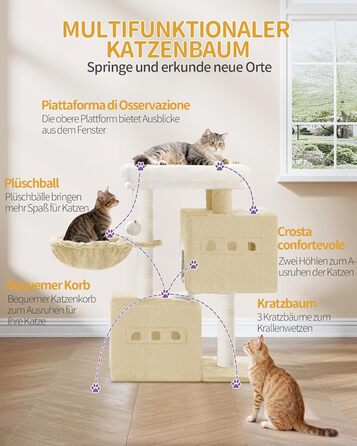 Дерево для кігтів Hzuaneri Kratzbaum 75 см, стійкий, з великою лежанкою, гrottoм, сизалевими стовпами, кошиком та іграшками, меблі для котів, MS07618LG (55 x 30 x 75 см, бежевий)