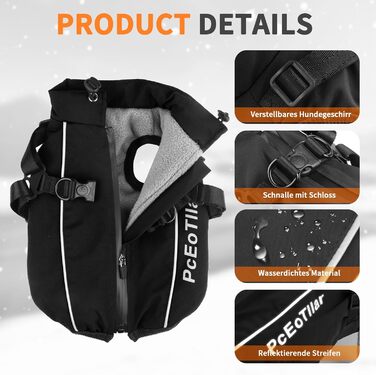 Водонепроникний собачий дощовик для маленьких собак, тепла світловідбиваюча куртка з шлейкою для зими, костюм для катання на лижах, бавовна, чорний собачий пуловер S