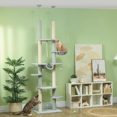 Когтеточка-дерево для котів PawHut 225-255 см, 7 рівнів, з гамаком, платформами, іграшками та канатом, сіра