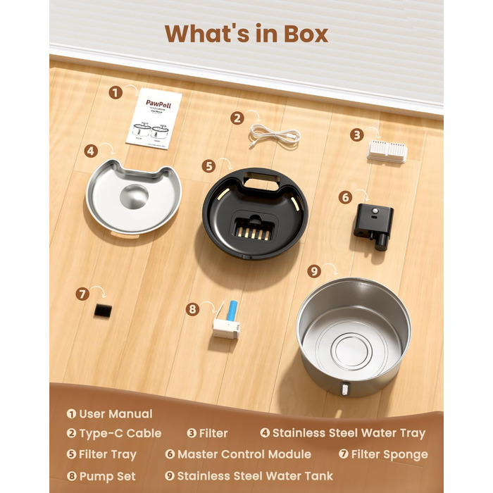 Качалка для котів PawPoll з датчиком руху, акумулятор 4200mAh, 3.2L, нержавіюча сталь, LED, тиха помпа, легко миється