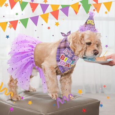 Сукня для собак SCENEREAL на весілля: комплект з банданою, комірцем та короною. Костюм для дівчаток, цуценят, кошенят, середніх та великих собак. Білий колір (Весільний) з фіолетовим клітинкою (для дня народження).