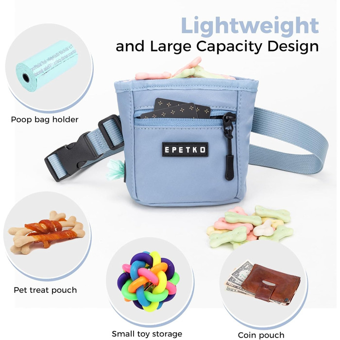 Сумка для ласощів для собак з металевим кліпом для пояса, міцна застібка-магніт, велика місткість, диспенсер для пакетів для вигулу (Світло-блакитний)