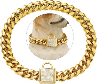 Стильний нашийник для собак Cuban Link, золотистий, з цирконієвою застібкою, ширина 14 мм, довжина 35,6 см