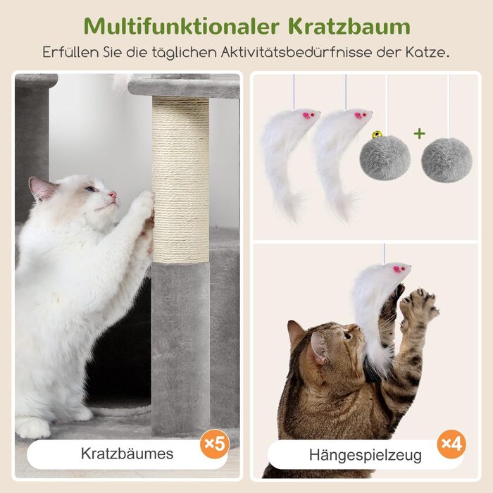 Драбина для котів Globlazer 204 см з 3 будиночками, 2 великими платформами, 3 м'якими кошиками, стабільна для 3-5 котів, для відпочинку, ігор та дряпання, сірий колір (XXL)