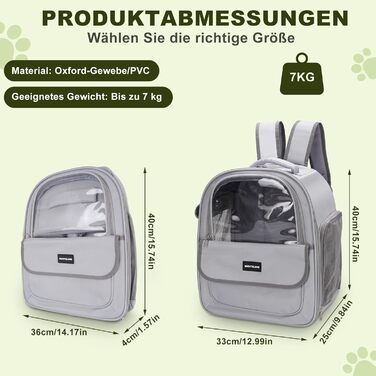 Рюкзак для кота/собаки до 7 кг, дихаючий, з сіткою та страхувальним ремінцем – водовідштовхувальне оксфордське полотно, складаний, для подорожей, ветеринара (сірий)