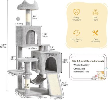 Кігтеточка YITAHOME XL, 137 см, з 2 сизалевими стовпцями, 1 платформою, 2 печерами, гамаком, іграшками-м'ячиками та кігтедробилкою. Ідеальний кімнатний комплекс для котів, сірий колір.