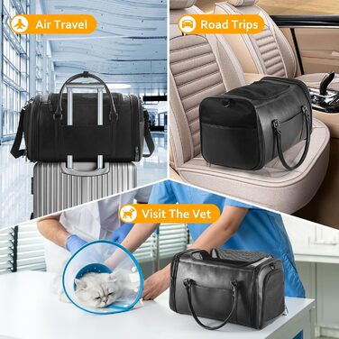 Сумка-переноска для тварин Johomviin з натуральної шкіри для собак та котів до 6,8 кг, схвалена авіакомпаніями, чорна