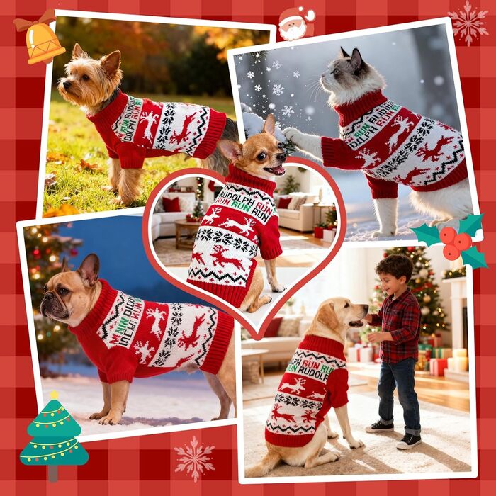 Святочний пуловер для собак, теплий, м'який, осінньо-зимовий, з високим коміром, в'язаний, для цуценят, милий олень, червоний, для собак, на Різдво, з короткими рукавами, (XX-Large, Червоний/Білий)