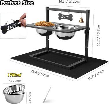 Підвищені годівниці для собак великих та екстра-великих порід, з антипроливною підкладкою, об'єм 3000 мл (2 шт.), стабільна годівниця висотою 46 см, коричневого кольору. Металеві годівниці та підкладка, 2.863 мл, 46 см