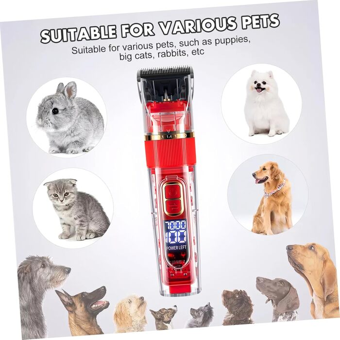 Безшумний бездротовий тример для домашніх тварин BESPORTBLE з LED-дисплеєм, миється, аксесуари для собак та котів, регульована швидкість, насадки-гребінці, 18.00x4.50x4.00 см, червоний