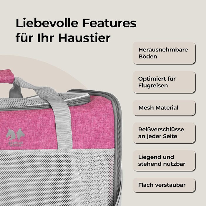 EQUICANI® Сумка-переноска для собак та котів 55x40x23 см, легка, складна, з сіткою, ременем та знімним дном | Ідеальна для подорожей, авто та перельотів (Рожевий)