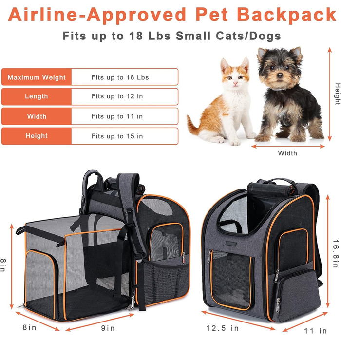 Рюкзак-переноска для собак та котів, сірий, розширюваний, для подорожей літаком