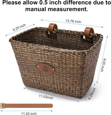 KONG MING CAR Кошик на велосипед – Ретро дизайн, міцний кошик на кермо з дерев'яною підкладкою та шкіряними ручками, ідеальний як передній кошик для велосипеда (Темно-коричневий)