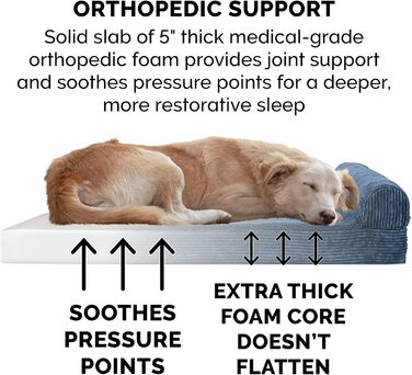 Ортопедичне ліжко для собак Furhaven Jumbo Plus/XXL: велике, з підголовником та знімним чохлом, до 56,7 кг, фліс та корд, Marineblau (135x107x24 см)