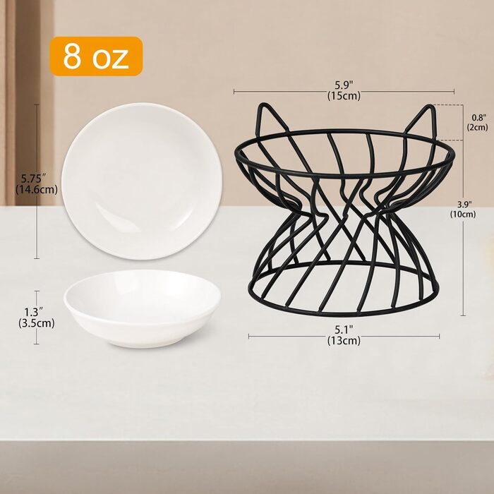 Підвищена годівниця для котів, керамічна, 250 мл, біла. Набір мисок для котів з антиковзним металевим підставкою, запобігає блювоті.