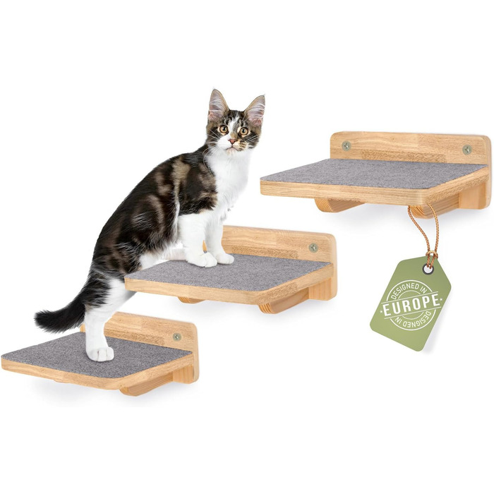WOOWOOD® Драпалка для котів на стіну: Комплект з 3-х сходинок для лазіння | Комплекс для котів | Драбинка для котів | Настінна драпалка XL (Натуральний темний)