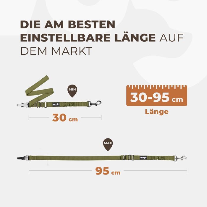 Авторемень для собак Wuglo 30-95 см - для автокрісла безпеки, з гачком та пряжкою, регульований, універсальний (Хакі)