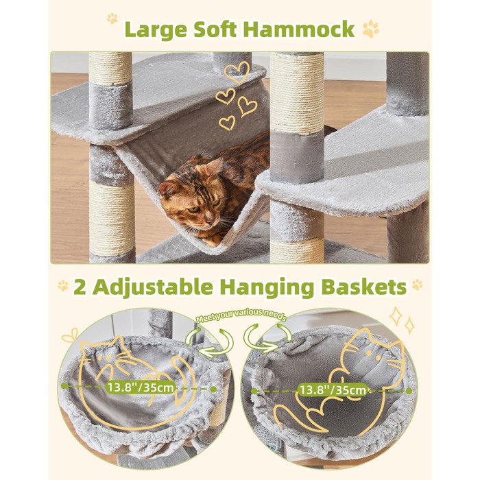 Кігтеточка для котів Taoqimiao 193 см, велика, XXL, з будиночками, гамаком, платформами та 8 стовпчиками для заточування кігтів, сірого кольору MS046W